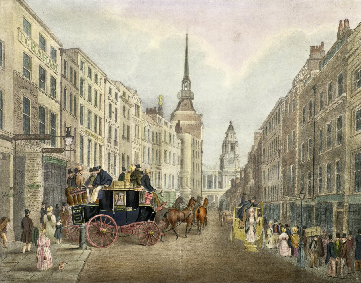 Trener Cambridge opuszcza Belle Sauvage Yard, Ludgate Hill autorstwa James Pollard