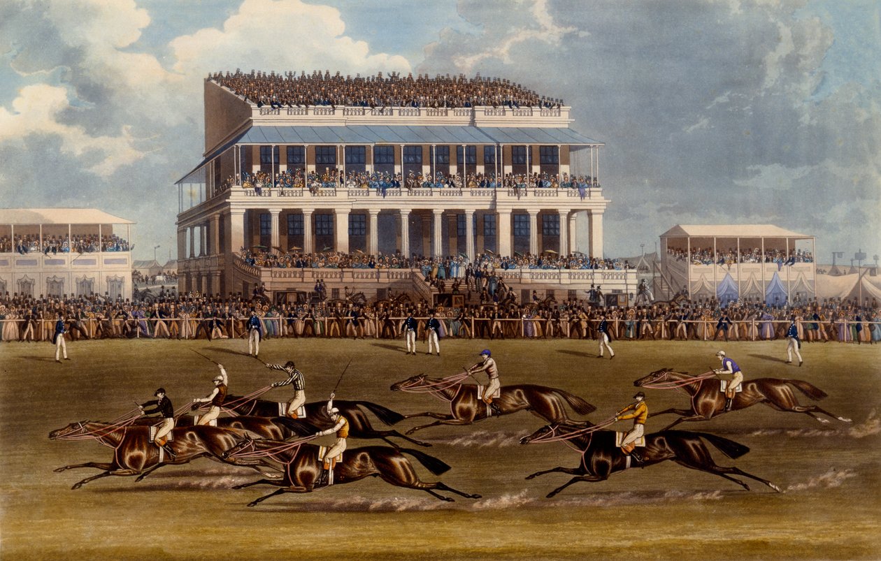 Grand Stand at Epsom Races, grafika Charlesa Hunta, 1836 (akwatinta) autorstwa James Pollard