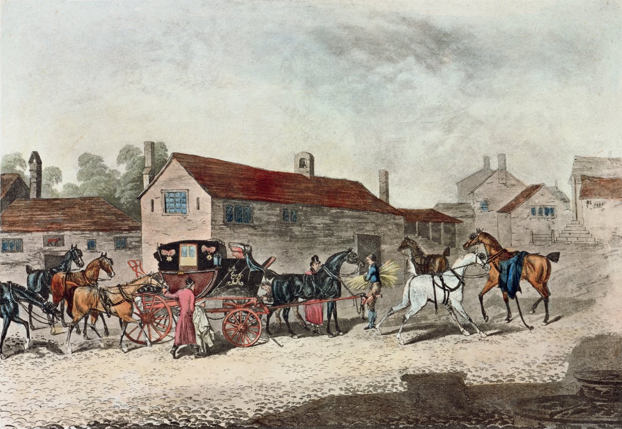 Pocztowy trener zmieniający konie, grawerowany przez R. Havell, 1815 autorstwa James Pollard