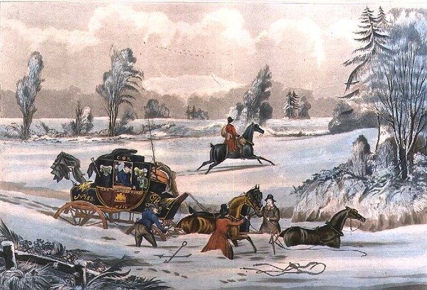 Trener pocztowy w zaspie śniegu, grawerowane przez G. Reeves, wyd. J. Watson 21.09.1825 (grafika) autorstwa James Pollard