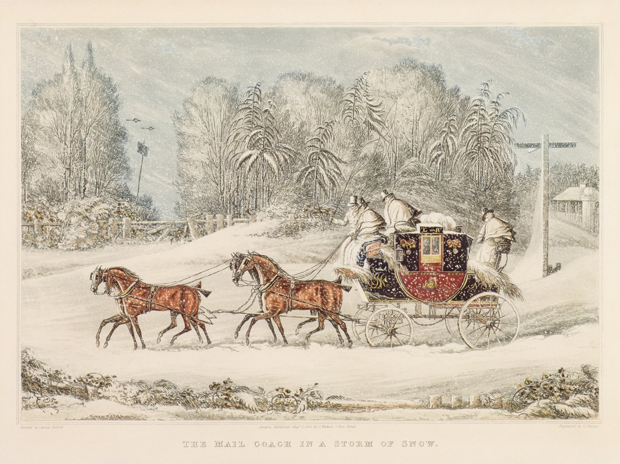 Pocztowy trener w burzy śnieżnej, 1825 autorstwa James Pollard