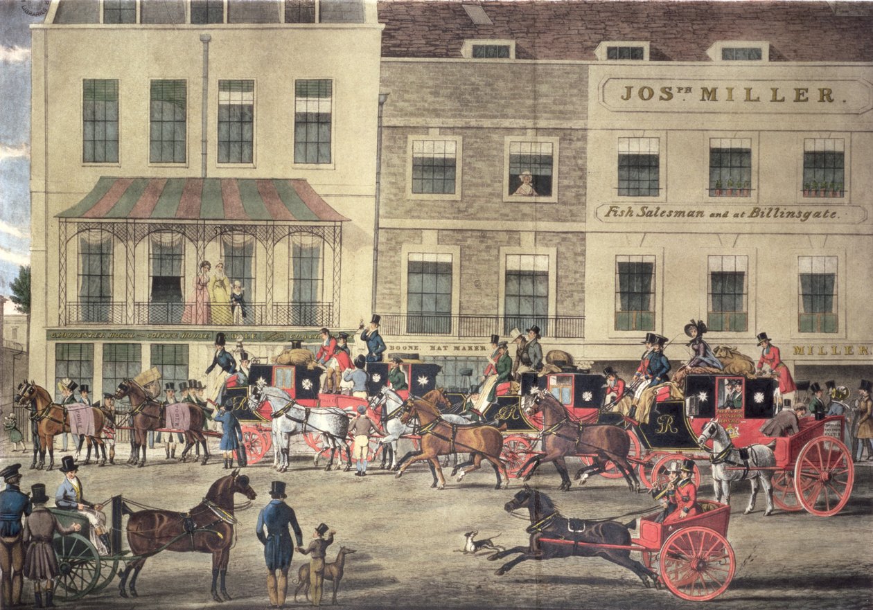 West Country Mails w Gloucester Coffee House, Piccadilly, grawerowane przez C. Rosenberga, 1828 autorstwa James Pollard