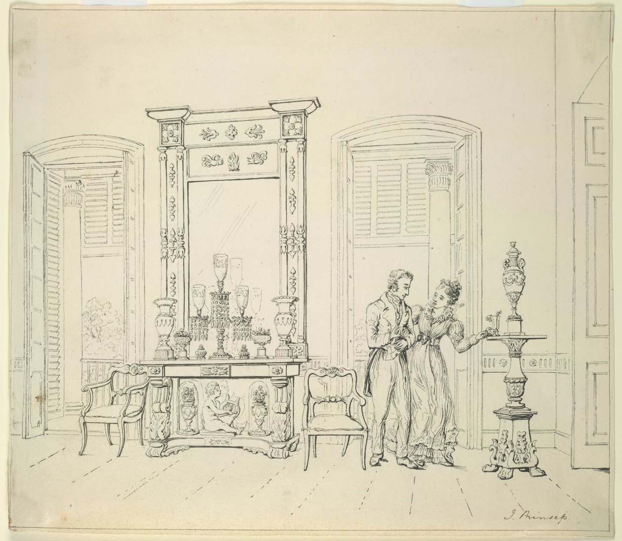 Angielka i dżentelmen w salonie, Kalkuta, ok. 1830 r. autorstwa James Prinsep