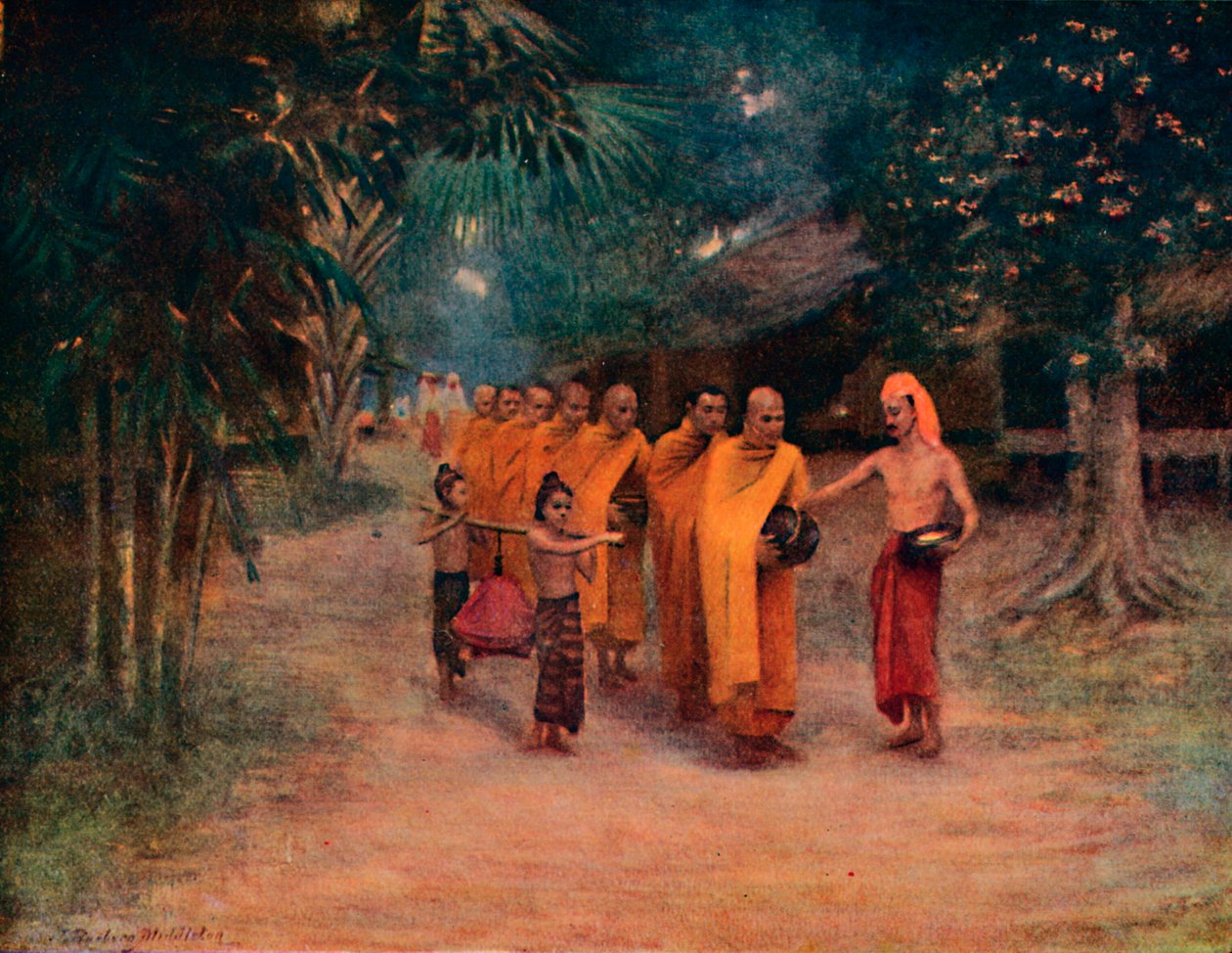Mnisi birmańscy żebrzący w wiosce – wczesny poranek, 1913 r. autorstwa James Raeburn Middleton