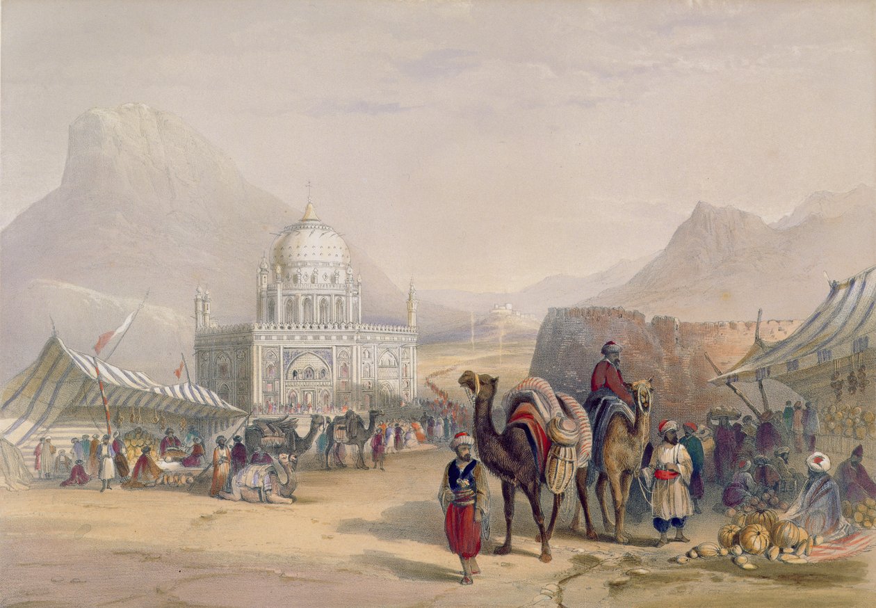Świątynia „Ahmeda Shauha”, króla Afganistanu, Kandahar, tablica 27 z „Krajobrazy, mieszkańcy i stroje Afganistanu”, ryty przez Roberta Carricka (ok. 1829-1904) 1848 autorstwa James Rattray