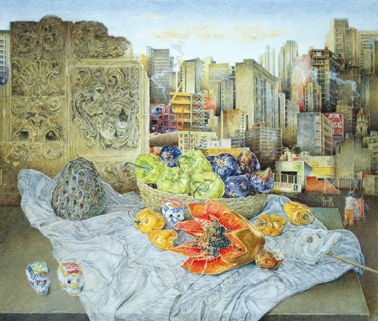 Martwa natura z papają i pejzażem miejskim, 2000 autorstwa James Reeve