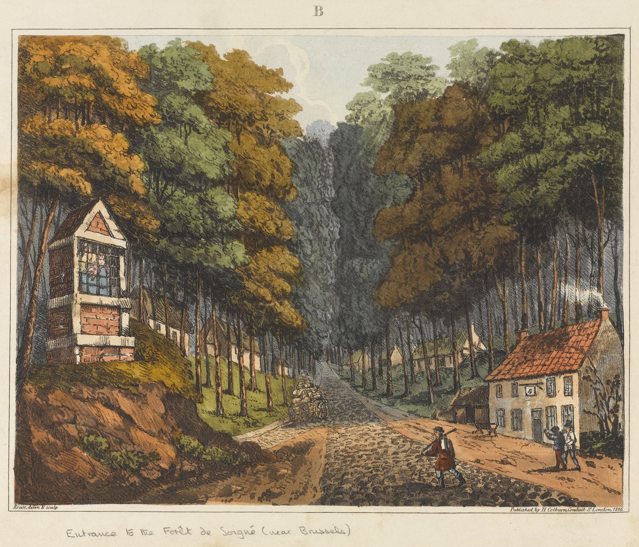 Wejście do Foret de Soigne, niedaleko Brukseli, 1815, z „Relacji historycznych z bitwy pod Waterloo”, 1817 (kolorowa akwatinta) autorstwa James Rouse