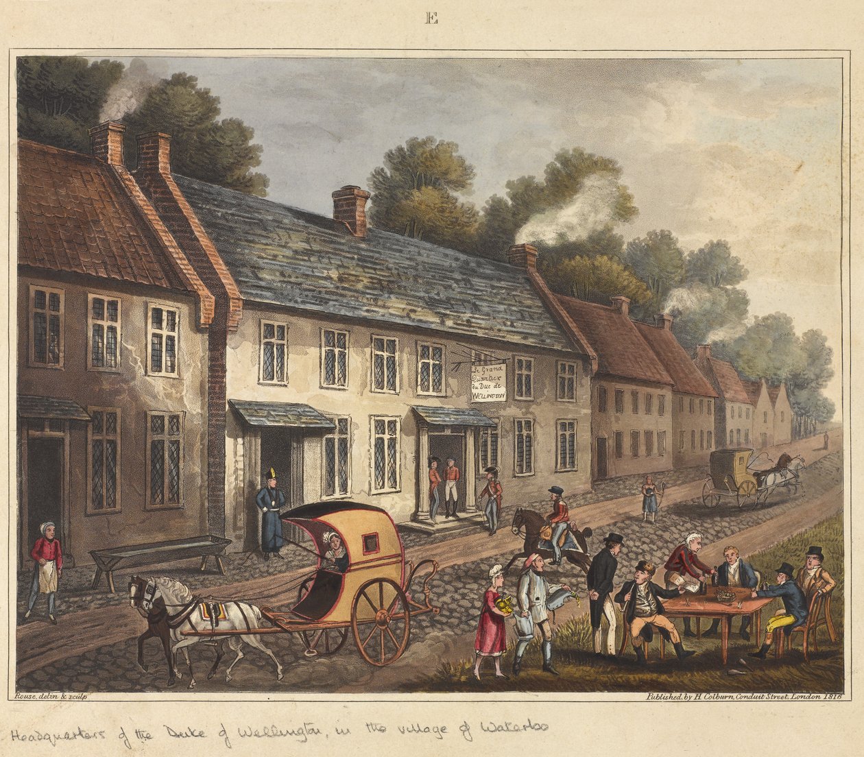 Kwatera główna księcia Wellingtona w wiosce Waterloo, z "Historycznej relacji z bitwy pod Waterloo", 1817 (akwatinta barwna) autorstwa James Rouse