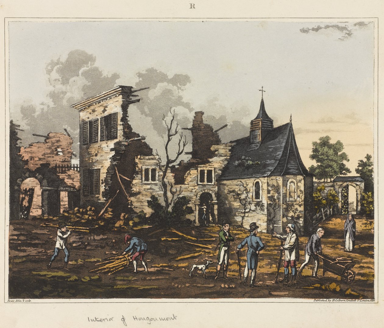 Wnętrze Hougoumont, z „Relacji historycznej z bitwy pod Waterloo”, 1817 (kolorowa akwatinta) autorstwa James Rouse