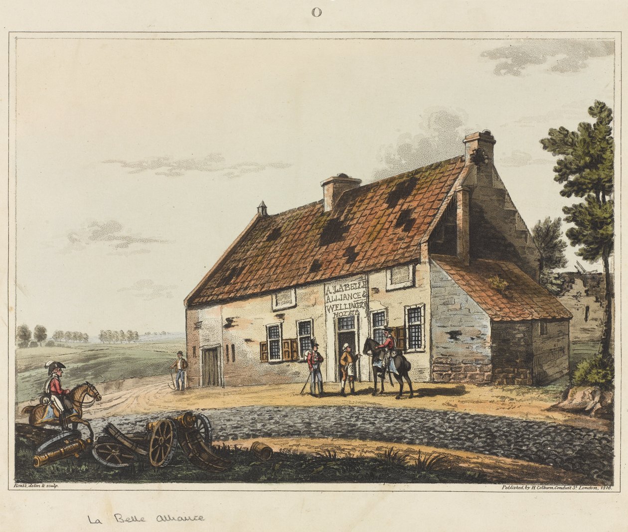 La Belle Alliance, z "Historycznej relacji z bitwy pod Waterloo", 1817 (akwatinta barwna) autorstwa James Rouse