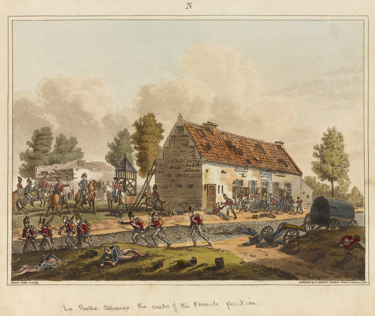 La Belle Alliance, centrum francuskiej pozycji, z "An Historical Account of the Battle of Waterloo". autorstwa James Rouse