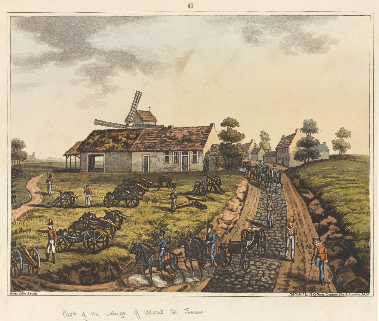 Część wsi Mont St Jean, z „Relacji historycznej z bitwy pod Waterloo”, 1817 (kolorowa akwatinta) autorstwa James Rouse