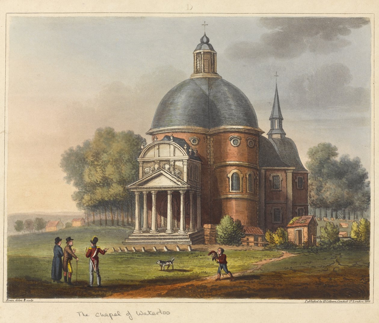Kaplica pod Waterloo, z "Historycznej relacji z bitwy pod Waterloo", 1817 (akwatinta barwna) autorstwa James Rouse