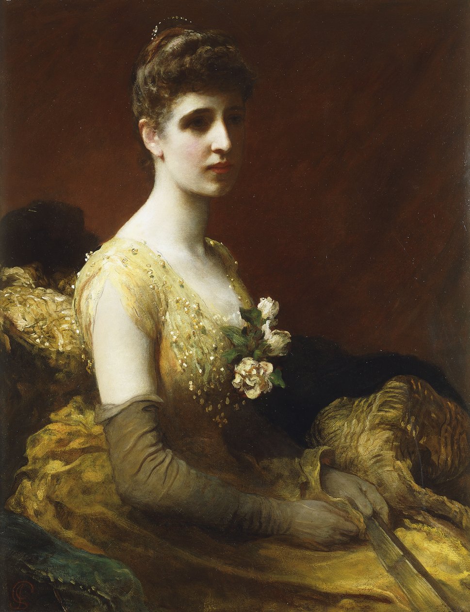 Portret Lady Dixon z Rhedy, długości 3/4, siedzącej w żółtej sukience z kwiatami trzymającymi wachlarz, autorstwa James Sant