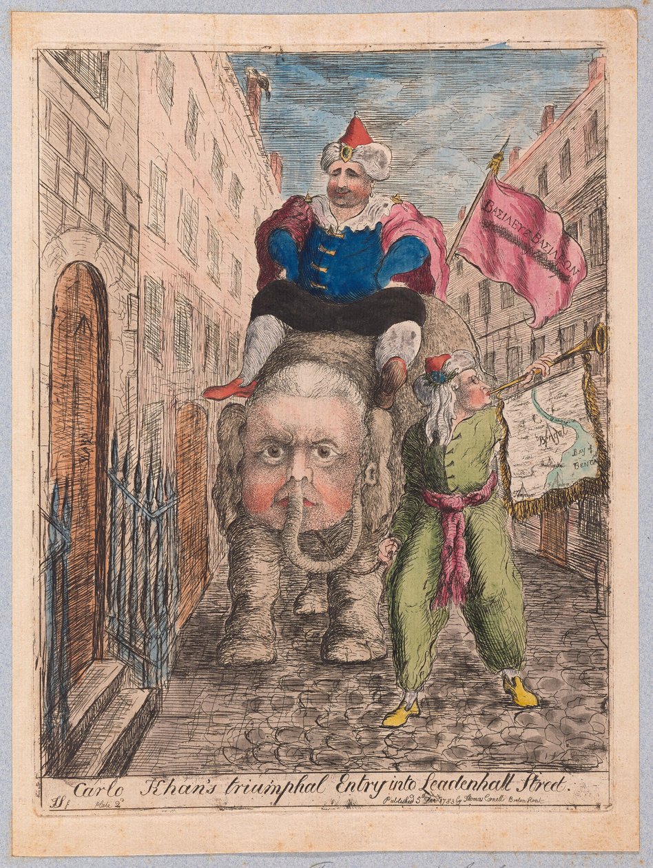 Carlo Khans Triumfalne Wejście na Leadenhall Street, wyd. 1783 (grawerowanie ręcznie kolorowane) autorstwa James Sayers