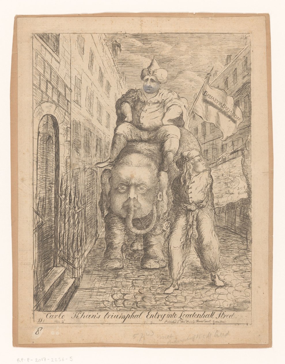 Spotprent op Charles Fox Triumfalne wejście Carlo Khana na Leadenhall Street (tytuł na obiekcie) autorstwa James Sayers