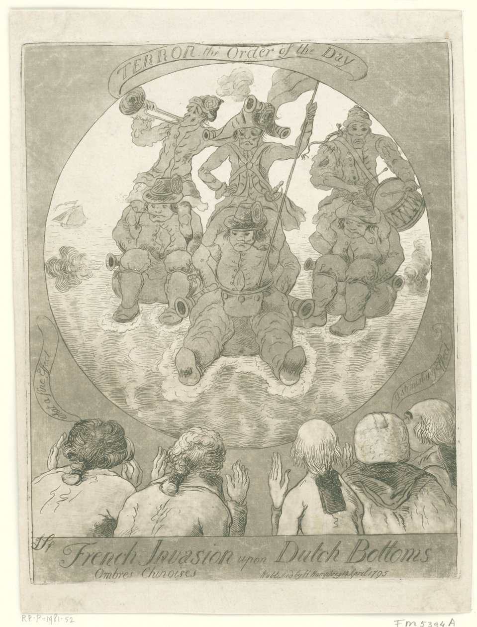 Spotprent op de Franse invasie, 1795 Francuska inwazja na holenderskie dno. Ombres Chinoises / Terror the Order of the Day (tytuł na obiekcie) autorstwa James Sayers