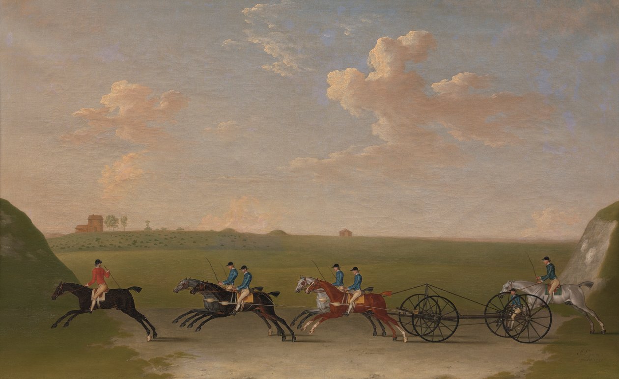 The Chaise Match Run em Newmarket Heath na quarta-feira, 29 de agosto de 1750 polonês autorstwa James Seymour