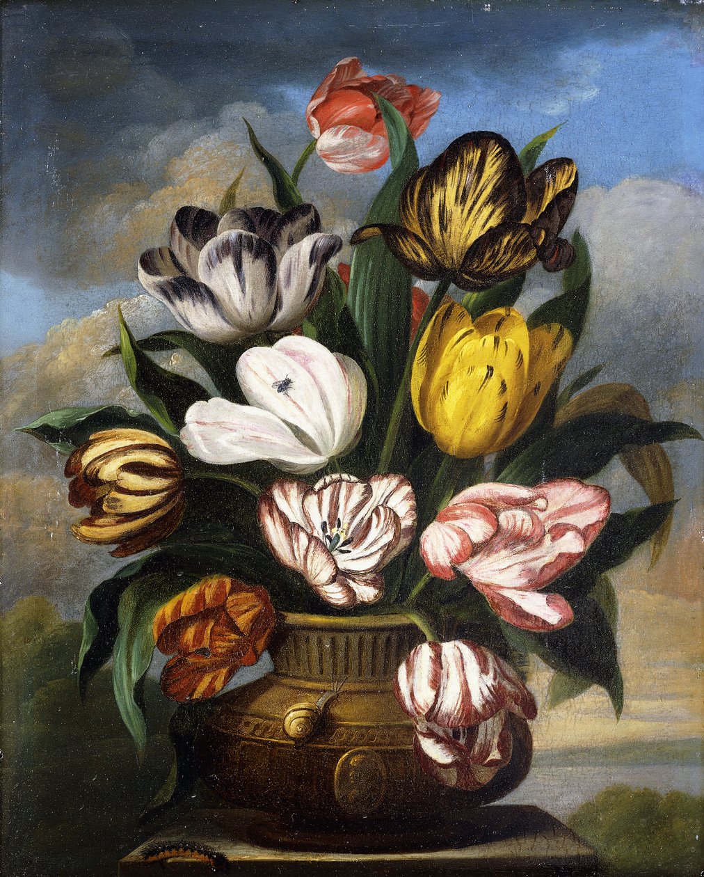 Tulipany w wazonie z gąsienicą, ślimakiem i muchą na cokole w krajobrazie, 1826 autorstwa James Sillett