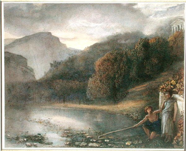 Pejzaż ze świątynią i figurami pasterskimi (akwarela na papierze) autorstwa James Smetham