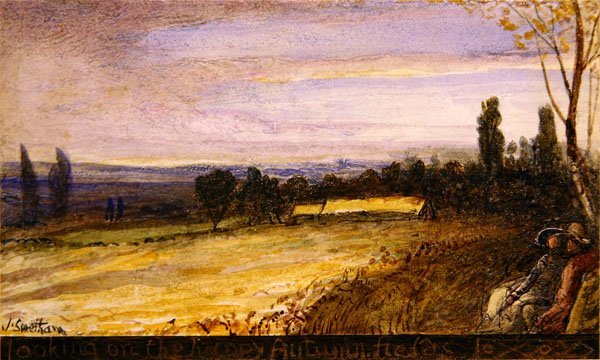„Patrząc na szczęśliwe jesienne pola” (akwarela i farba do ciała na papierze) autorstwa James Smetham