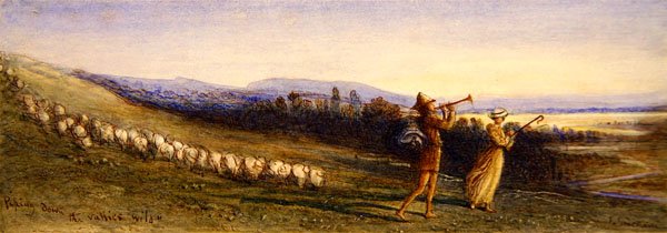 „Dzikie strumyki w dolinach” (akwarelowy i brązowy tusz na papierze) autorstwa James Smetham