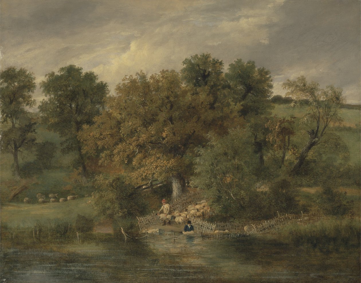 Mycie owiec w Postwick Grove, Norwich, ok. 1822 (olej na panelu) autorstwa James Stark