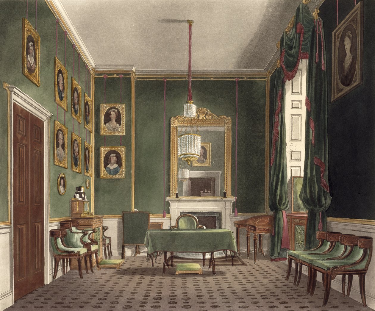 The Green Closet, Buckingham House, z „Historii królewskich rezydencji”, ryty: Daniel Havell (1785-1826), William Henry Pyne (1769-1843), 1819 autorstwa James Stephanoff