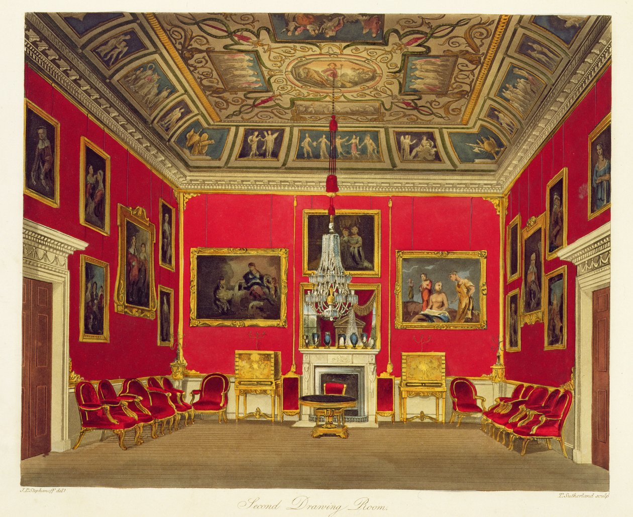 The Second Drawing Room, Buckingham House, z „Historii rezydencji królewskich”, ryty: Thomas Sutherland (ur. 1785), William Henry Pyne (1769-1843), 1818 autorstwa James Stephanoff