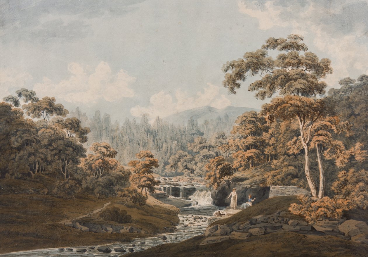 Peeblesshire: Habbies How, Peggys Pool i Carlops Hill (atrament i toaleta na papierze) autorstwa James Stevenson
