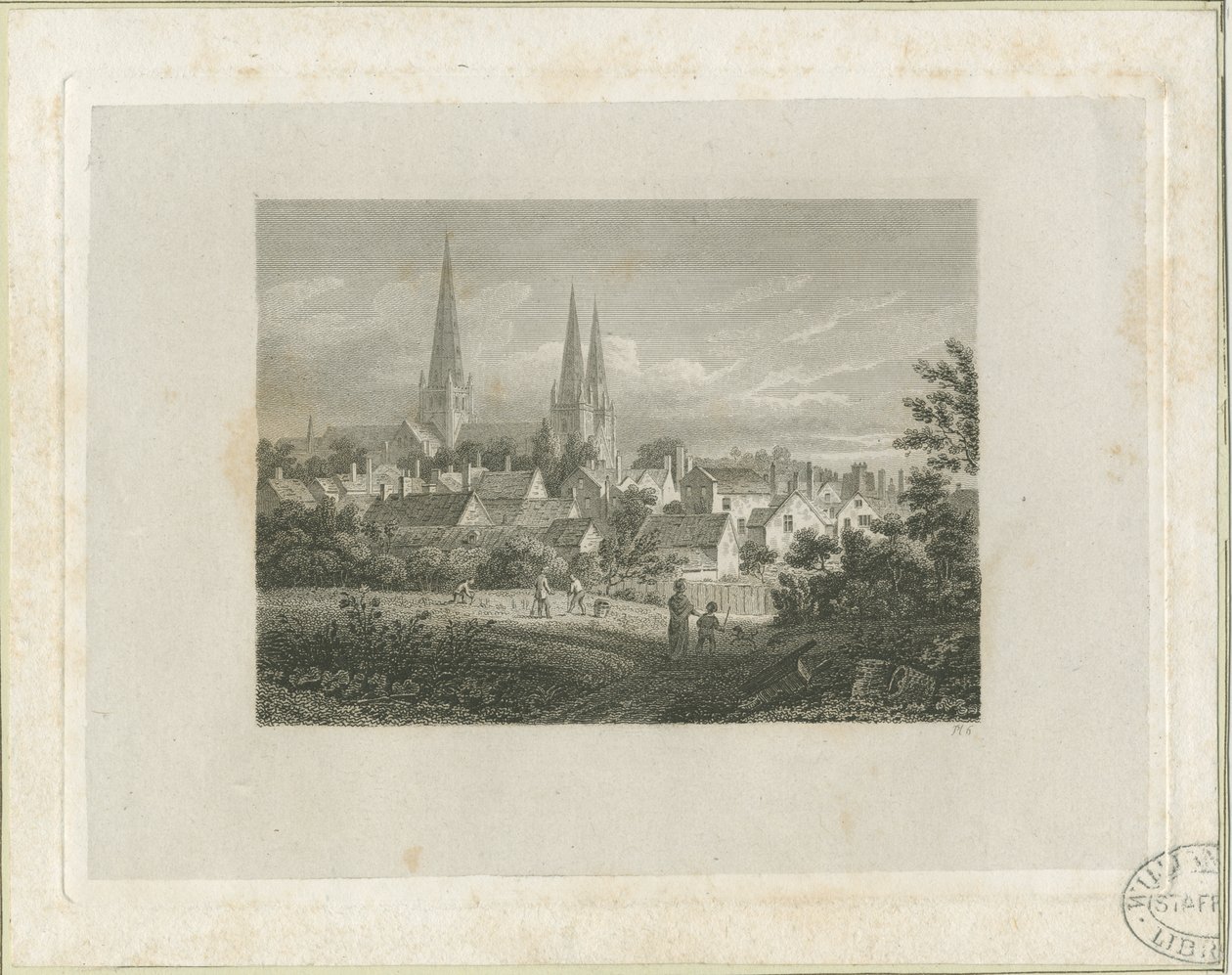 Katedra w Lichfield - widok na północny zachód (odległy): grawerowanie, nd [c 1816] (druk) autorstwa James Storer