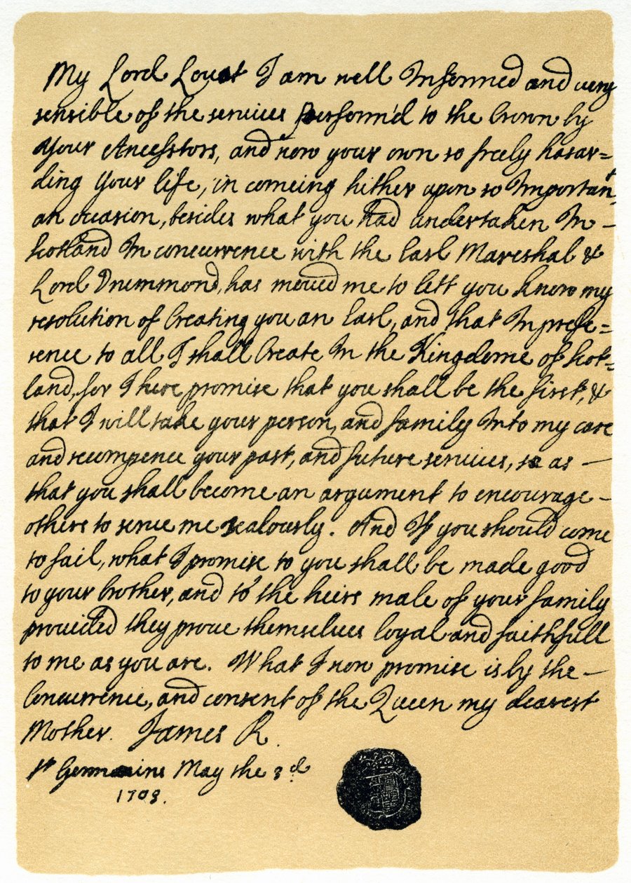 List Jamesa Edwarda Stuarta do Simona Frasera, Lorda Lovata, St Germains, 3 maja 1703 r. autorstwa James Stuart