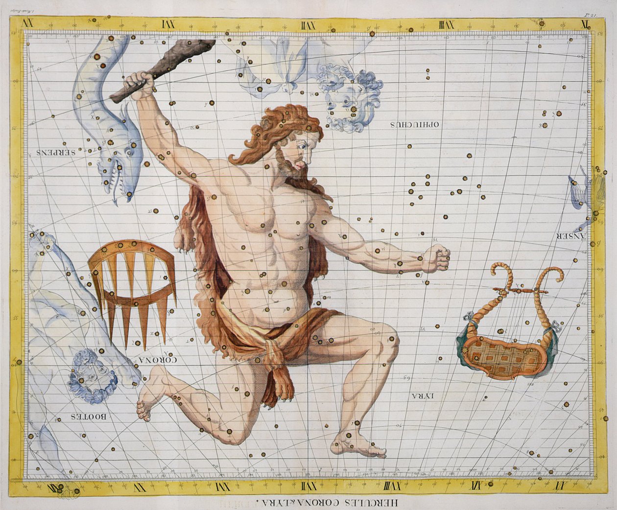 Konstelacja Herkulesa z Koroną i Lirą, tablica 21 z "Atlas Coelestis", autorstwa Johna Flamsteeda (1646-1710), wydana w 1729 r. (rycina ręcznie kolorowana) autorstwa James Thornhill