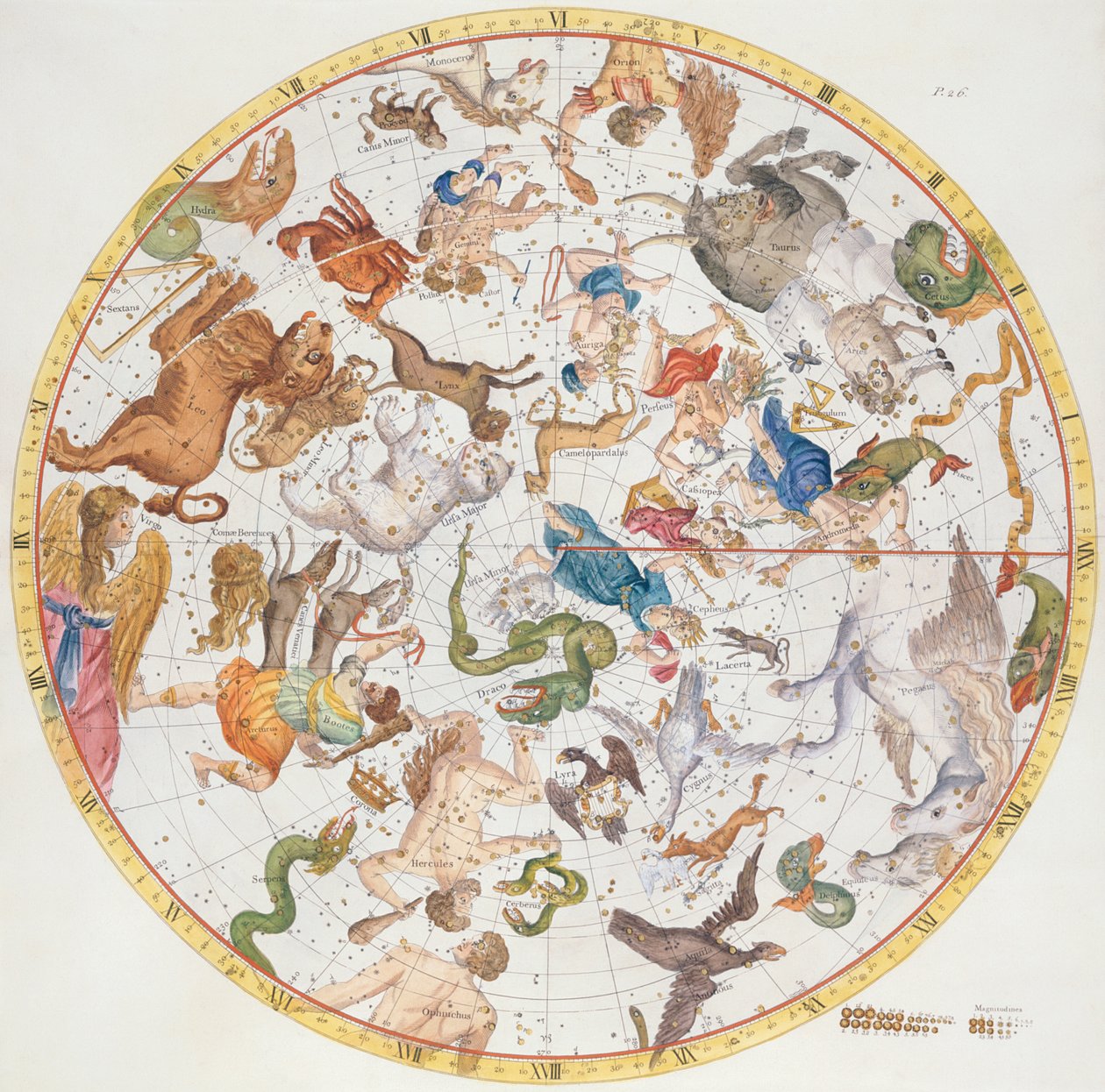 Tablica 26 z „Atlas Coelestis”, John Flamsteed (1646-1719), wyd. w 1719 r. (ręcznie barwiony grawerunek) autorstwa James Thornhill