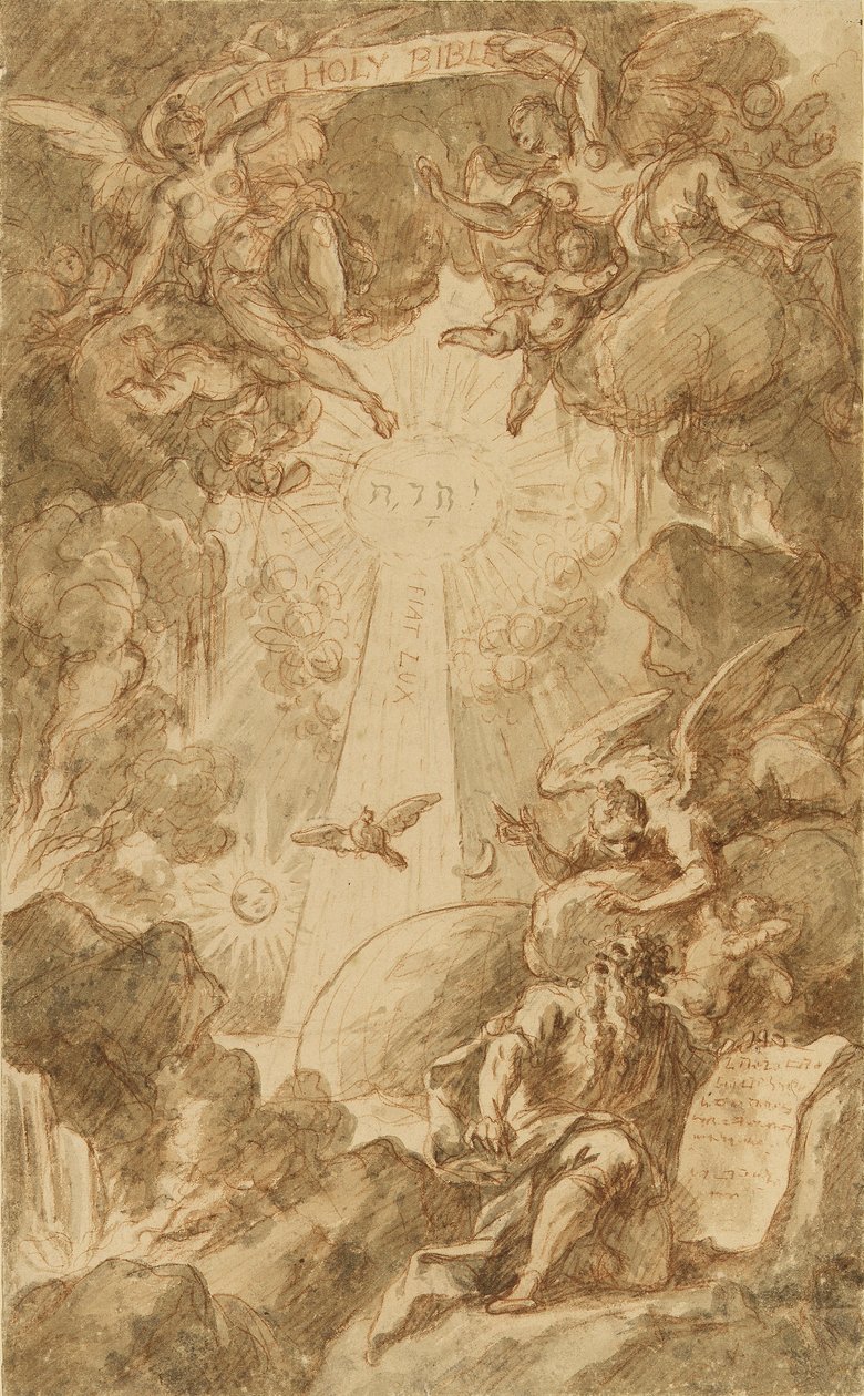Rysunek przygotowawczy do ryciny autorstwa C. du Bosc, do Biblii Kaplicy Królewskiego Kolegium Morskiego. Praca (43x26,6 cm) autorstwa Jamesa Thornhilla (1675-1734), początek XVIII wieku. autorstwa James Thornhill
