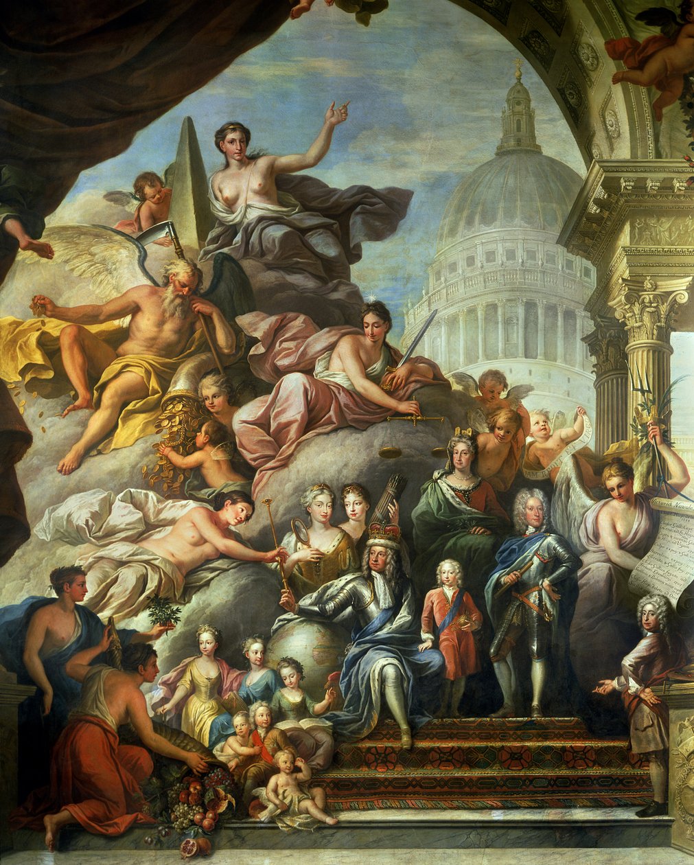 Malowidło na tylnej ścianie Sali Górnej gloryfikujące Jerzego I (1660-1727) i Domu Hanowerskiego, 1718-24 (patrz także 208091, 7797 i 28499) autorstwa James Thornhill