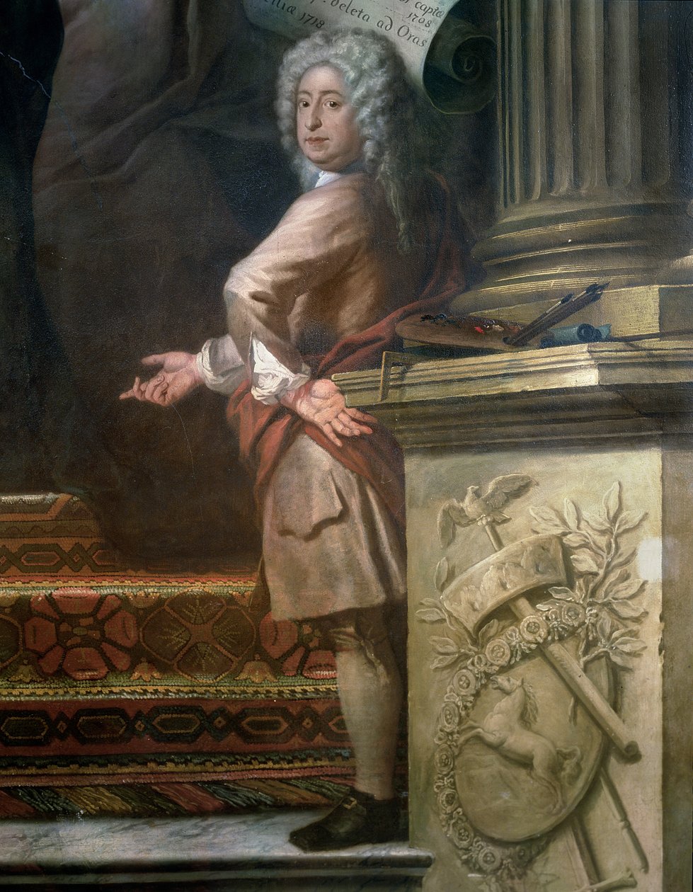 Malowidło na tylnej ścianie Sali Górnej gloryfikujące Jerzego I 1660-1727 i Domu Hanowerskiego, detal artysty, 1718-24 patrz 208091 autorstwa James Thornhill