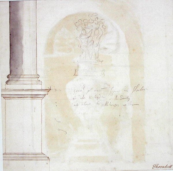Szkic filaru i posągu (pióro, atrament i brązowe pranie na papierze) autorstwa James Thornhill