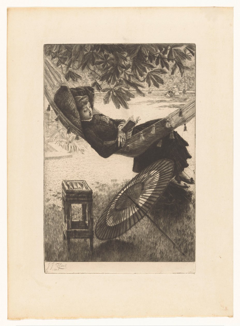 Młoda kobieta czyta w hamaku autorstwa James Tissot