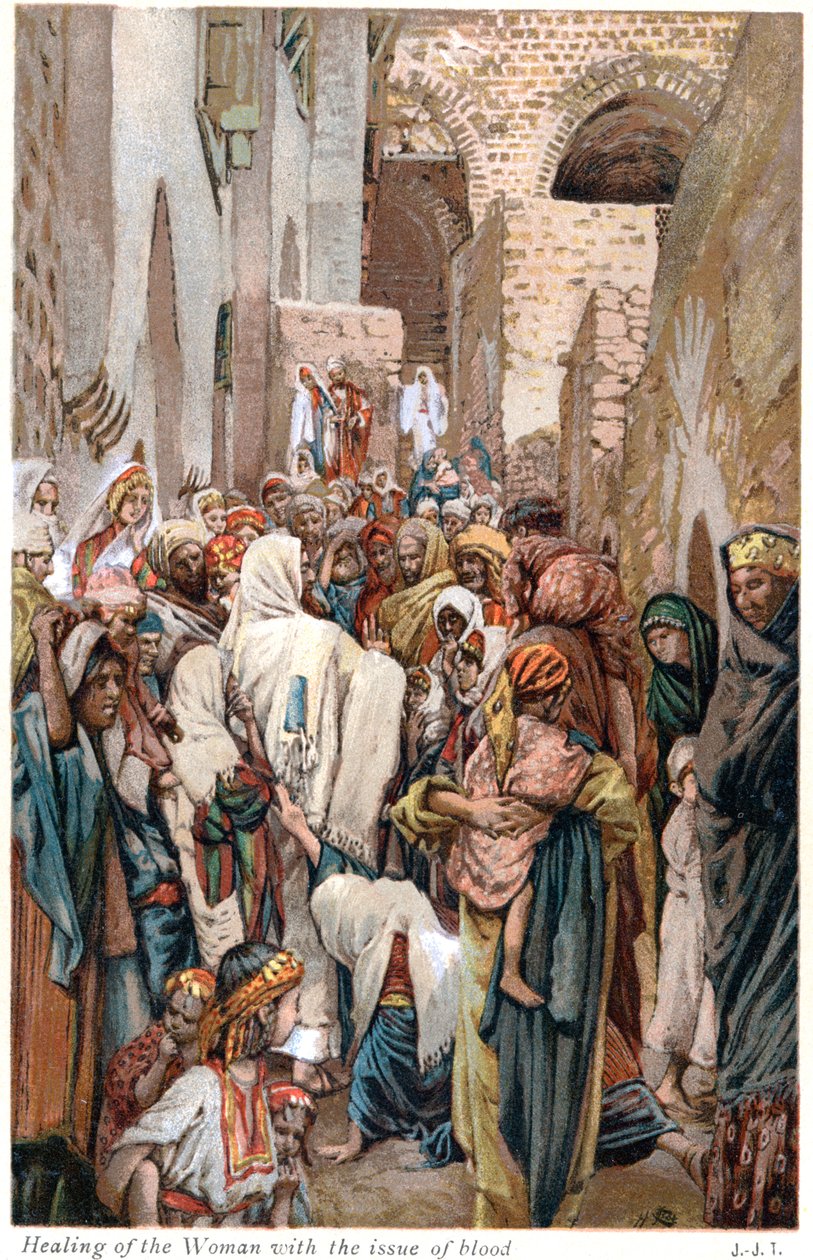 Kobieta z wyciekiem krwi dotyka krawędzi szaty Jezusa i zostaje uzdrowiona, ok. 1890 r. autorstwa James Tissot