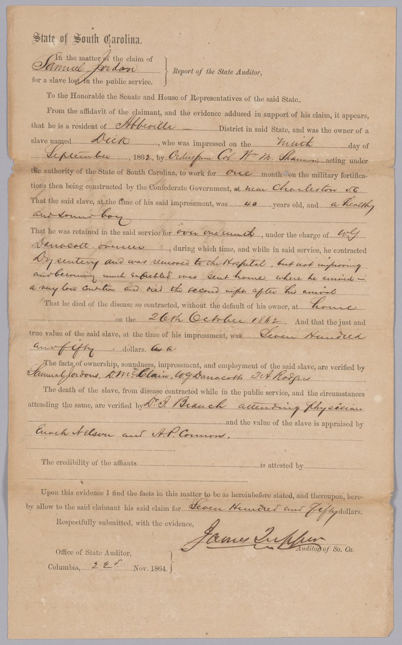 Roszczenie przyznane przez Konfederacki stan Karolina Południowa za zniewolonego mężczyznę Dicka, 23 listopada 1864 r. autorstwa James Tupper
