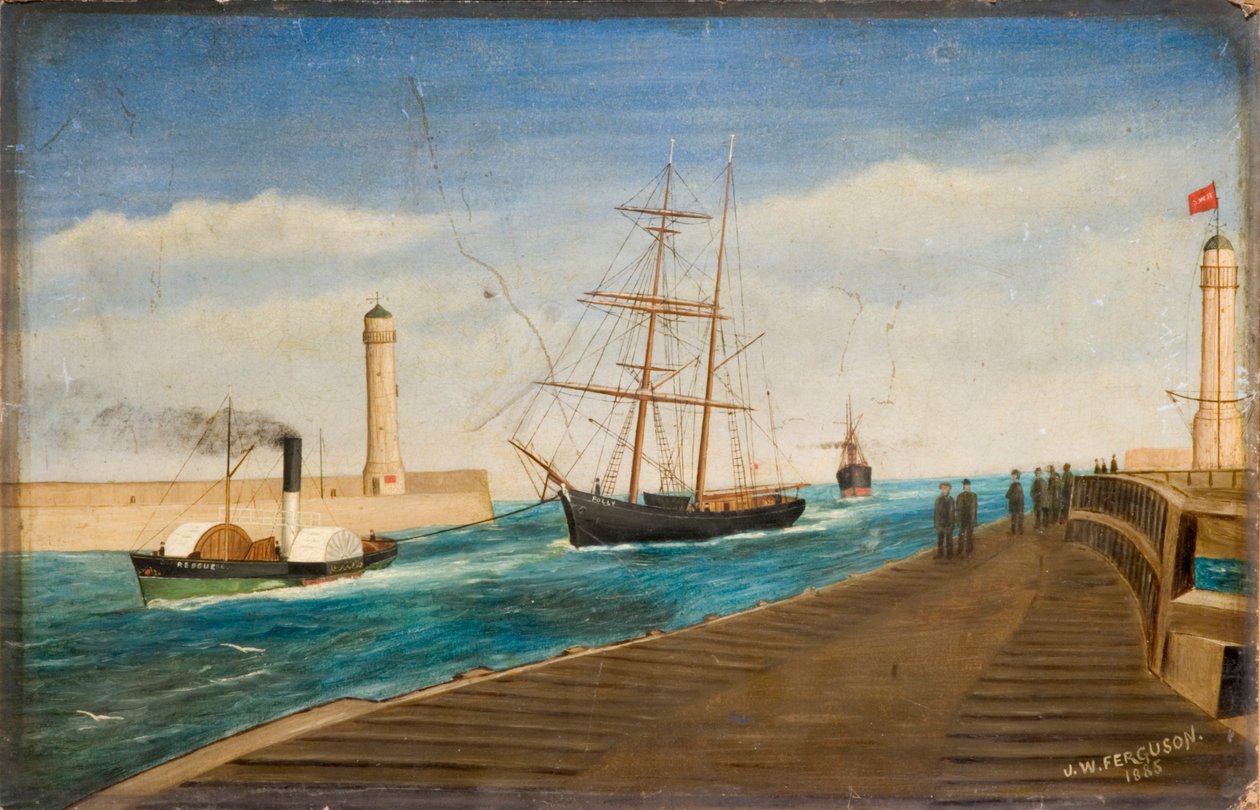 Holownik „Rescue” holowanie brygu „Polly” do portu Sunderland, 1885 (olej na desce tartacznej) autorstwa James W. Ferguson