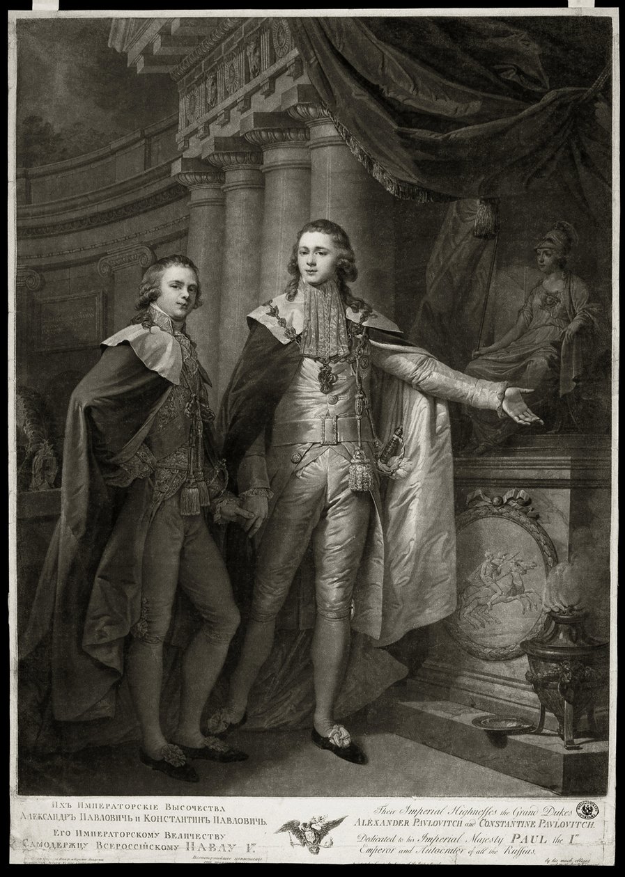 Portrety wielkich książąt Rosji Aleksandra I Pawłowicza (1777-1825) i Konstantyna Pawłowicza (1779-1831). Praca Jamesa Walkera (1748-około 1808), rycina 1797. Sztuka angielska autorstwa James Walker