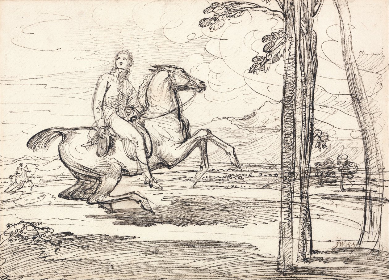 Jeździec na tle krajobrazu: Prawdopodobnie studium do "Theophilus Levett Fox-hunting in Wychnor Park" autorstwa James Ward
