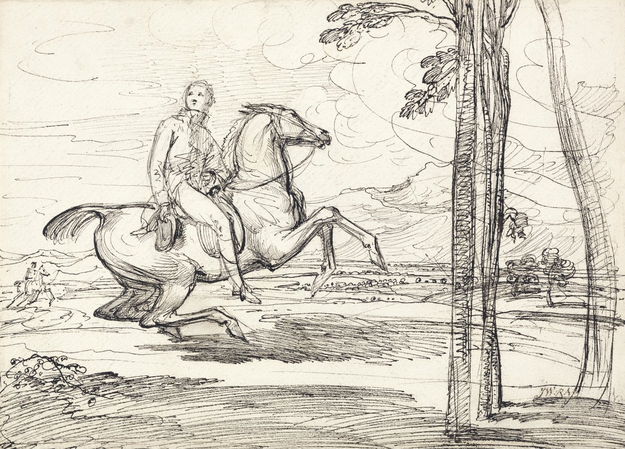 Jeździec w krajobrazie, prawdopodobnie studium dla „Theophilus Levett Fox Hunting in Wychnor Park” autorstwa James Ward