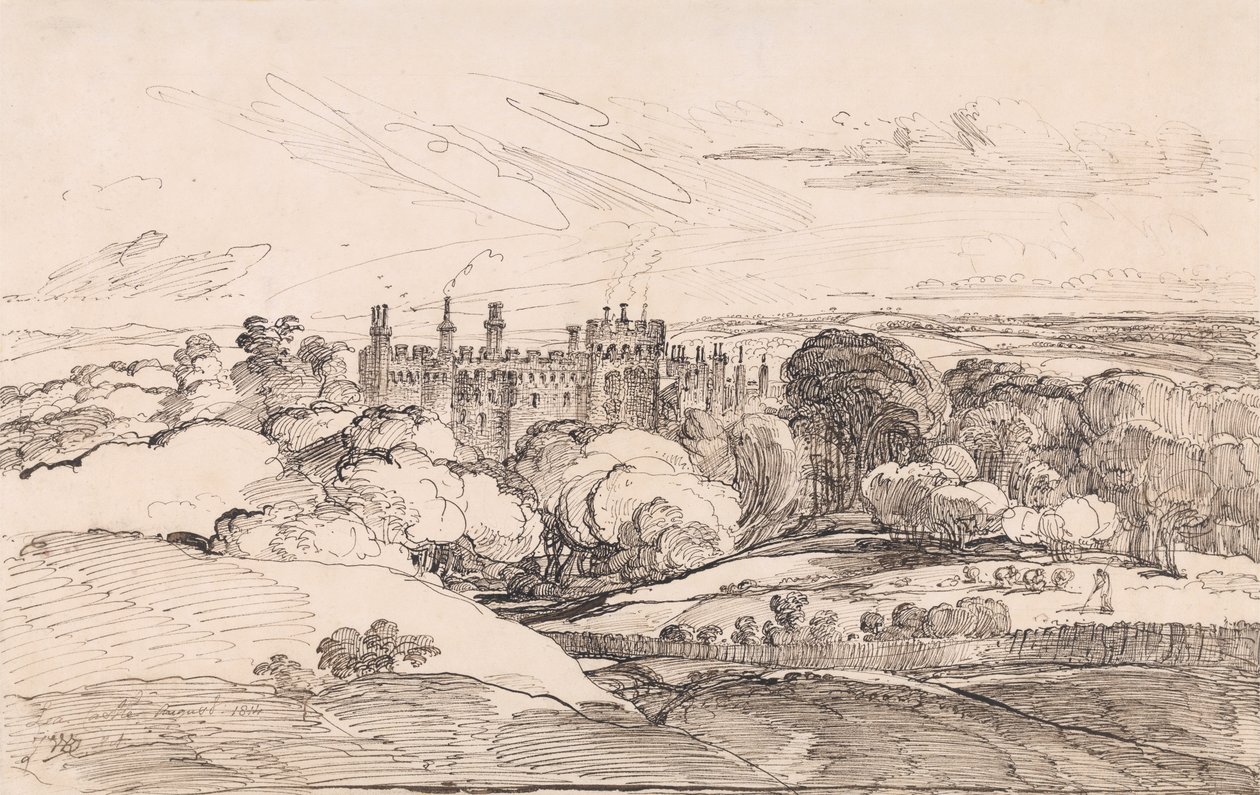 Zamek Lea znad lasu, 1814 (pióro i czarny tusz na papierze) autorstwa James Ward