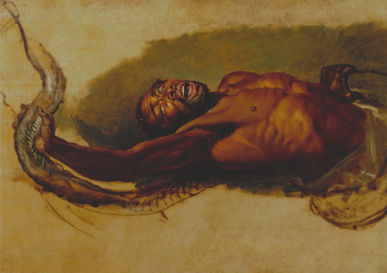 Człowiek walczący z boa dusicielem, studium do filmu "Liboya Serpent Seizing its Prey" ("Wąż Liboya chwyta ofiarę") autorstwa James Ward