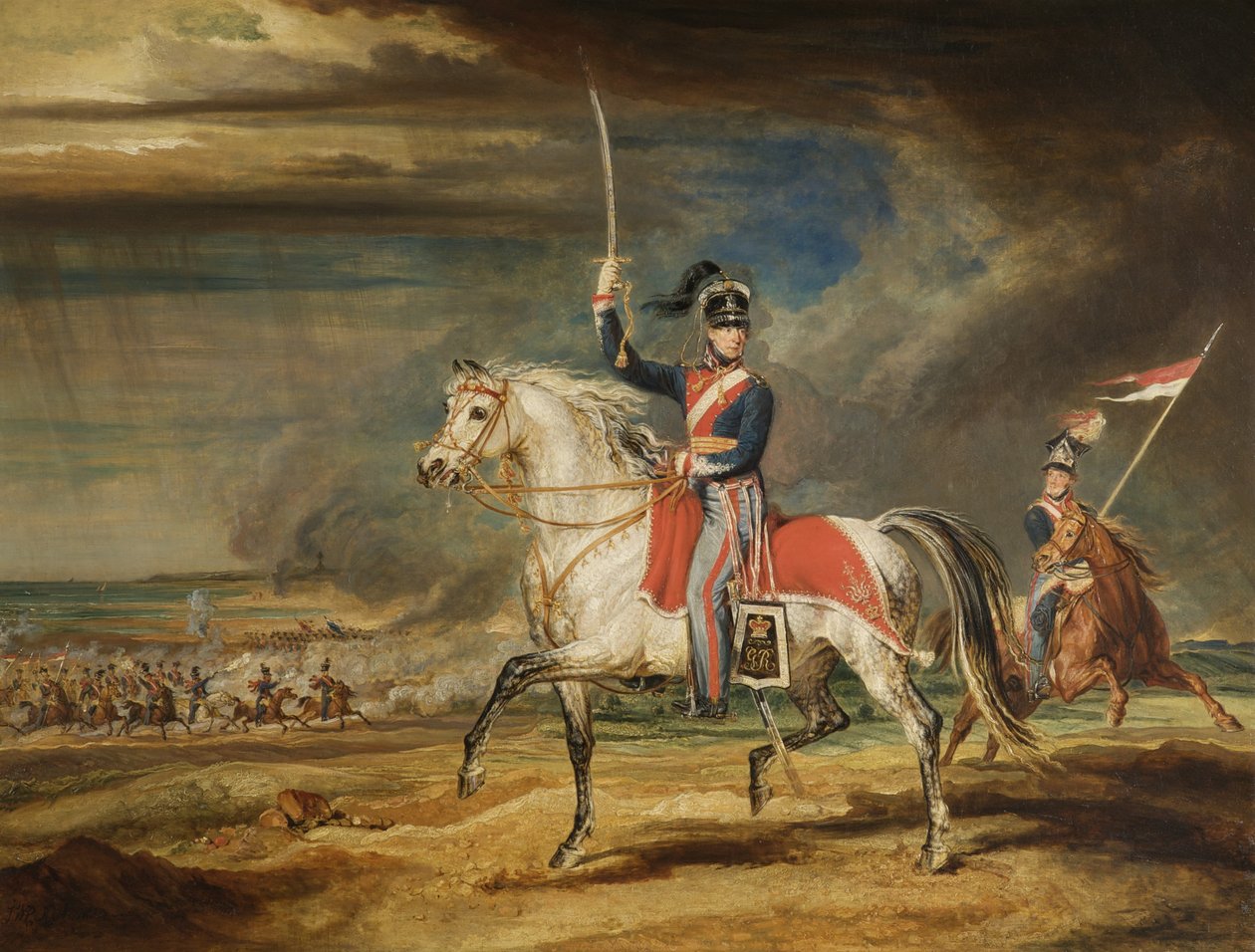 Sir John Leicester, Bt, Ćwicząc swój pułk Cheshire Yeomanry na piaskach w Liverpoolu, 1824 autorstwa James Ward