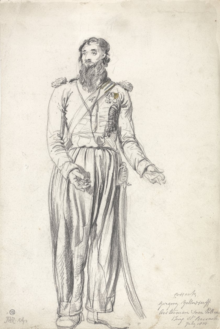 Kozak, Grzegorz Jeloserf, lipiec 1814 (czarna kreda i akwarela na papierze) autorstwa James Ward
