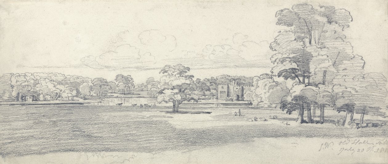 The Old Hall, Tabley, otoczony parkiem, 20 lipca 1814 (ołówek na papierze) autorstwa James Ward